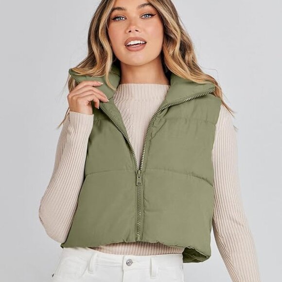 Cropped Puffer Vest Pea Green Women XL - Picture 2 of 12